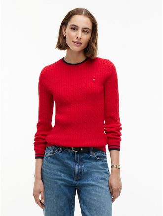 Tommy Hilfiger Womens Cable Knit Tipped Crewneck Sweater - Red - XXL