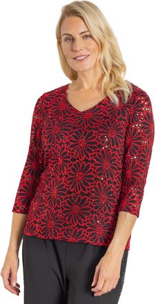 Klass Embroidered Shimmer Top - RED/Black - M