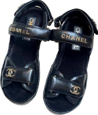 Chanel Quilted Black Leather Logo Velcro Strap Wedge Sandals Size 36