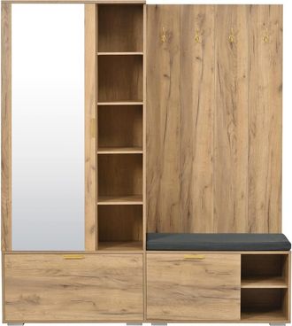 Urban Meuble Perchero de entrada de madera natural con espejo y banco