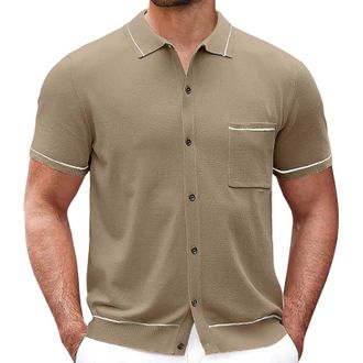 Generic Mens Short Sleeve Cuban Collar Casual Shirt Cuban Collar Shirt Holiday Shirt Knitted Shirt Summer Beach Shirt with Chest Pocket Mens Knitted Polo Shir