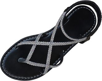 Generic Ladies Flat Sandals Glitter Casual Thong Sandals Open Toe Stylish Rhinestone Lightweight Comfy Slip On Shoes with Elastic Ankle Strap Summer Beach