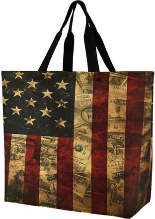 Generic U.S. Flag with Dollar Signs Large Reusable Shopping Bag Lightweight Foldable Tote Bags Washable Shoulder Handbag