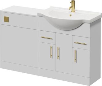 Alexander James Alexander James Cento Gloss White 1350mm 3 Door Vanity Unit Toilet Suite - 1350mm - Brushed Brass 96mm Bar HandleWithout James Toilet Pan