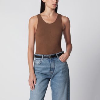 Saint Laurent Cassandre ribbed cotton jersey tank top in cognac