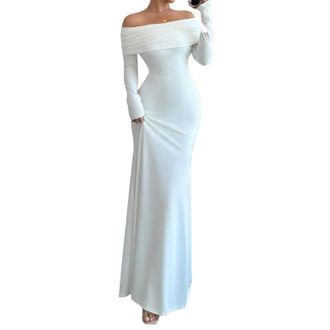 Generic Womens Long Sleeve Off The Shoulder Bodycon Dress, Twist Back Cutout & Fishtail Hem Evening Gown Cocktail Prom Dresses (White,S)