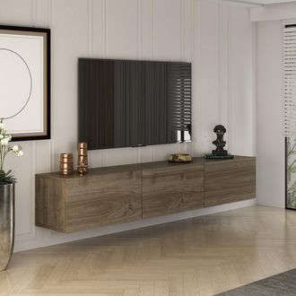 Dmora Mueble Tv Saonara, 3 Compartimentos, 3 Puertas, Apertura Abatible, 150x32x30h Cm Marr&oacute;n Nogal
