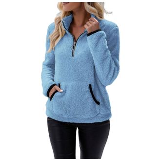 Generic Womens Fleece Jumper Fluffy Pullover Teddy Fleece Sweatshirts Casual Top Fuzzy 1/4 Zip Up Long Sleeve Stand Collar Cozy Coat Tops with Pockets (Blue, 
