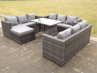 Fimous Outdoor Rattan Garden Furniture Lounge Sofa Set With Oblong Dining Table With Clear Tempered Glass in Dark Grey