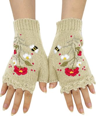 Generic Winter Gloves Warmth Crochet Mittens Handmade Knitted Fingerless with Floral Embroidery Design for Women Handwear for Daily