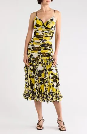 Diane Von F&uuml;rstenberg Portia Ruched Mesh Ruffle Cocktail Dress in Egons Floral Yellow at Nordstrom Rack, Size Xx-Small