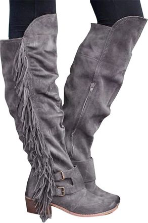 Generic Knee High Boots Women Silver Zipper Mid Chunky Heel Thigh High Boots Lightweight Outdoor Brown Cowboy Boots Premium Quality Fashion Classic Non Slip L