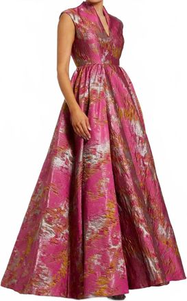 Mac Duggal Metallic Brocade Mandarin Collar V-Neck Gown In Rasberry Multi