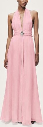 Nocturne Pleated Halterneck Maxi Dress with Brooch Detail in Pink at Nordstrom, Size X-Large
