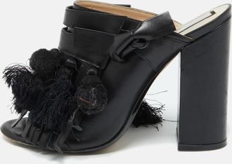 N&deg;21 N&ordm;21 Black Leather Tassel Fringe Block Heel Mules Size