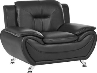 Beliani Armchair Black Vegan Eco Leather Pillow Top Arms Silver Metal Legs Easy Clean Modern Glam Style Living Room LEIRA
