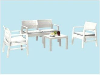Dmora Sal&oacute;n De Jard&iacute;n Dauter, Conjunto De Jard&iacute;n Con 2 Sillones, 1sof&aacute; Y 1 Mesa De Centro, Zona De Estar Efecto Rat&aacute;n Con Cojines, 100% Made In Italy, Blanc