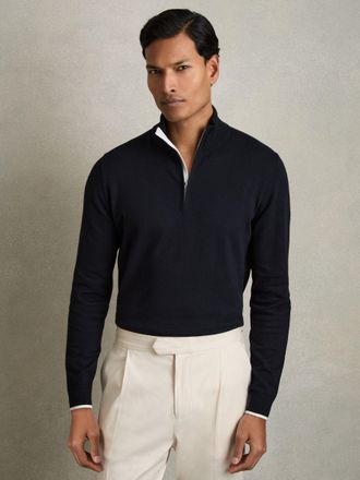 Reiss Navy Cotton-blend Half-zip Jumper, XS