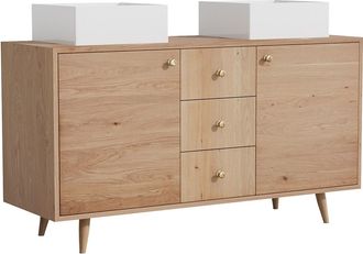 Vente-Unique Mueble de ba&ntilde;o de roble macizo con lavabo cuadrado sobre encimera - Natural claro - 145 cm - ZARENO