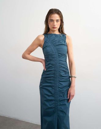 Topshop Vestito midi arricciato senza maniche blu navy