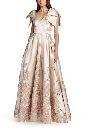 Mac Duggal Brocade V Neck Gown With Bow Straps in Champagne Multi at Nordstrom, Size 10