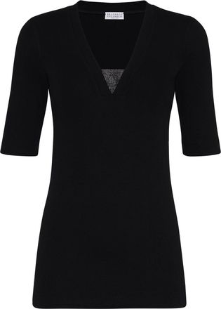 Brunello Cucinelli v-neck T-shirt - women - Cotton/Spandex/Elastane/Acetate/Silk - 3XL - Black