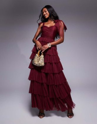 Lace & Beads bow shoulder tulle maxi dress in burgundy-Red