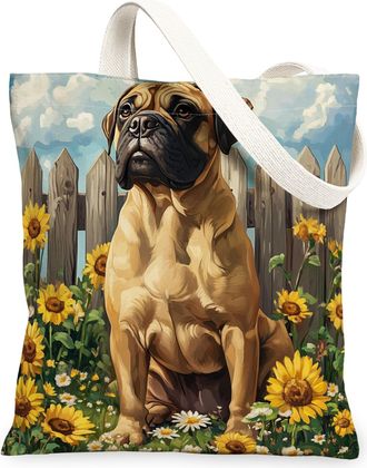 Generic Spring Bullmastiffs Dog Canvas Tote Bag for Shopping 13x15, Sunflower Fence Puppy Reusable Grocery Print Bag for Women, Farmhouse Pet Beach Aesthetic 