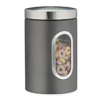 Relaxdays 10 X Recipiente De Almacenamiento, 1,4 L, Con Tapa Y Ventana, Para Caf&eacute;, Harina, Pasta, Bote Para Cocina, Metal, Gris
