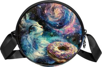 Generic Circle Crossbody Bag for Women, Galaxy Cat Donut Small Sling Bag Daypack with Zipper Adjustable Shoulder Straps Casual Ladies Girls Round Purse