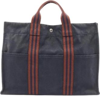 Herm&egrave;s Pre-owned Fourre-Tout MM Canvas Tote Bag - Dames - Vintage Shopper - Blauw - ONE Size - Vintage