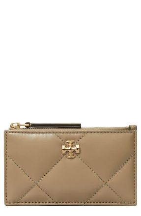 Tory Burch Kira Diamond Quilted Leather Zip Card Case in Taupe Oak at Nordstrom
