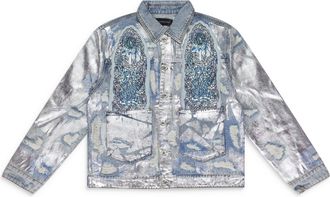 Who Decides War by Ev Bravado BLUE HEAVY METAL DENIM TRUCKER JACKET