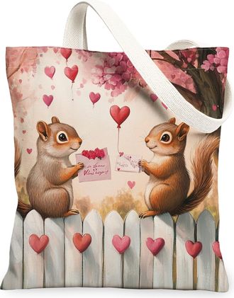 Generic Valentines Day Squirrel Canvas Tote Bag for Shopping 13x15, Farmhouse Couple Animal Lover Reusable Grocery Print Pattern Bag for Women, Holiday Beach 