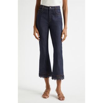 Cinq &agrave; Sept Guipure Lace Trim Cropped Flare Leg Jeans in Indigo at Nordstrom, Size 00