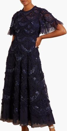 Needle & Thread Carmen Ruffle Maxi Dress in Navy at Nordstrom, Size 10