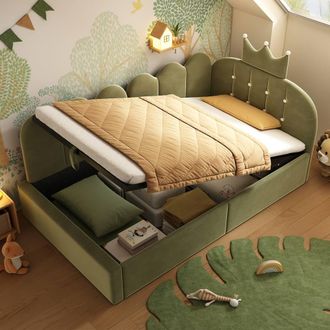 Merax Velvet Daybed with Hydraulic Storage - 3FT Single - Crown Headboard in Green