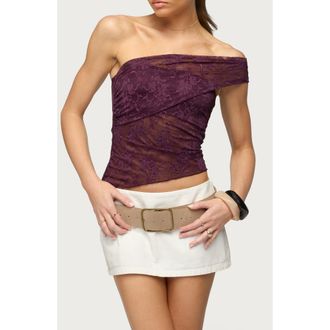 Edikted Asymmetric One-Shoulder Sheer Top in Purple at Nordstrom, Size X-Small