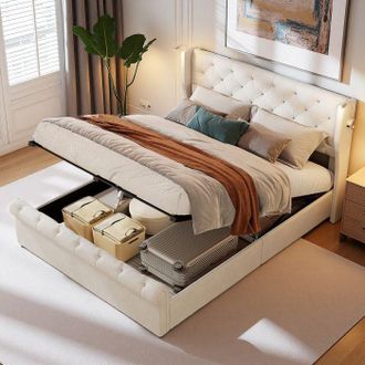 OEM Cama 140x190 Cm, 1hxf, Puerto Usb, L&aacute;mpara, Hidr&aacute;ulica, Cama De Adulto, Marco De Cama Doble 140x190 Cm, Terciopelo, Beige