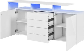 STILVORA Aparador Con 2 Puertas, 4 Cajones, 2 Huecos Abiertos Y Led, Blanco Brillo, En Tablero De Part&iacute;culas, 160&times;35&times;70 Cm