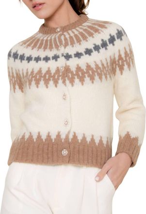 FORE COLLECTION Christmas Holiday Ski Pattern Knitted Cardigan In Cream Multi