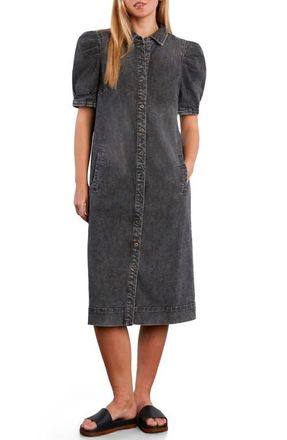 Wash Lab Denim Puff Sleeve Stretch Denim Midi Dress in Dark Cement at Nordstrom, Size X-Large