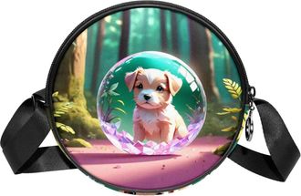 Generic Circle Crossbody Bag for Women, Dog Crystal Ball Small Sling Bag Daypack with Zipper Adjustable Shoulder Straps Casual Ladies Girls Round Purse