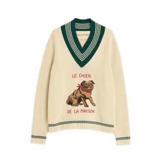 Valentino V-neck Knitwear, male, Beige, Size: M Le Chien Jacquard Straight Cut Top