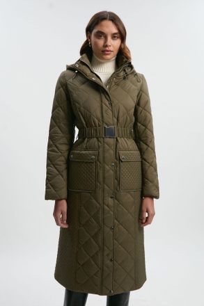 Karen Millen Womens Petite Quilted Hooded Longline Coat - Khaki Nylon - Size 10 UK