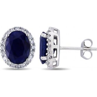Allurez Oval Blue Sapphire & Halo Diamond Stud Earrings 14k in White Gold at Nordstrom