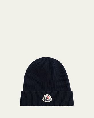 Moncler Mens Ribbed Wool Logo Beanie Hat