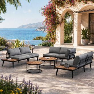 Merax Grey 6 Piece Garden Lounge Set with Acacia Wood Nesting Coffee Tables