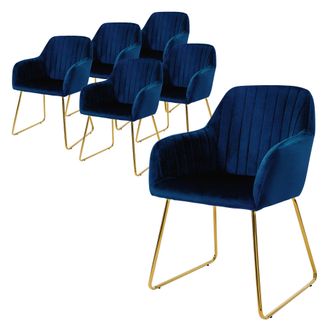 ML Design Ml-design 6x Sillas De Comedor Color Azul Ergon&oacute;micas Asiento Tapizado Aspecto De Terciopelo Con Respaldo Y Reposabrazos Patas De Metal Sill&oacute;n Moderno