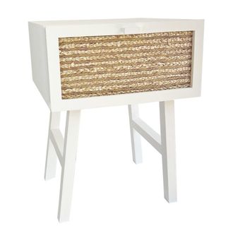 NATYAL Mesita de noche de madera maciza blanca y caj&oacute;n de yute natural 45cm